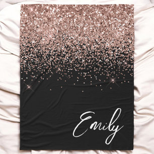 Girly Black Rose Gold Blush Pink Glitter Monogram Fleece Blanket