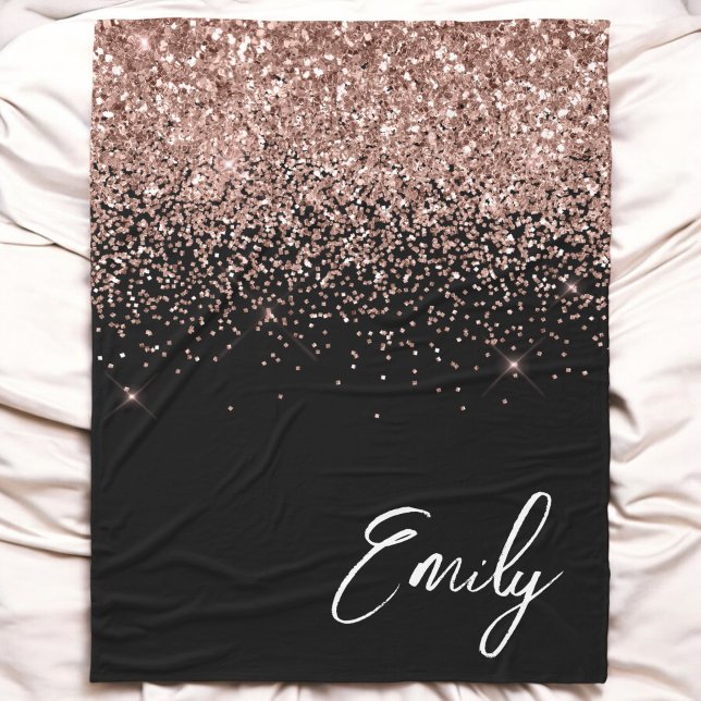 Girly Black Rose Gold Blush Pink Glitter Monogram Fleece Blanket (Creator Uploaded)