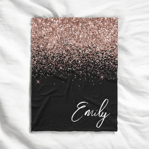 Girly Black Rose Gold Blush Pink Glitter Monogram Fleece Blanket