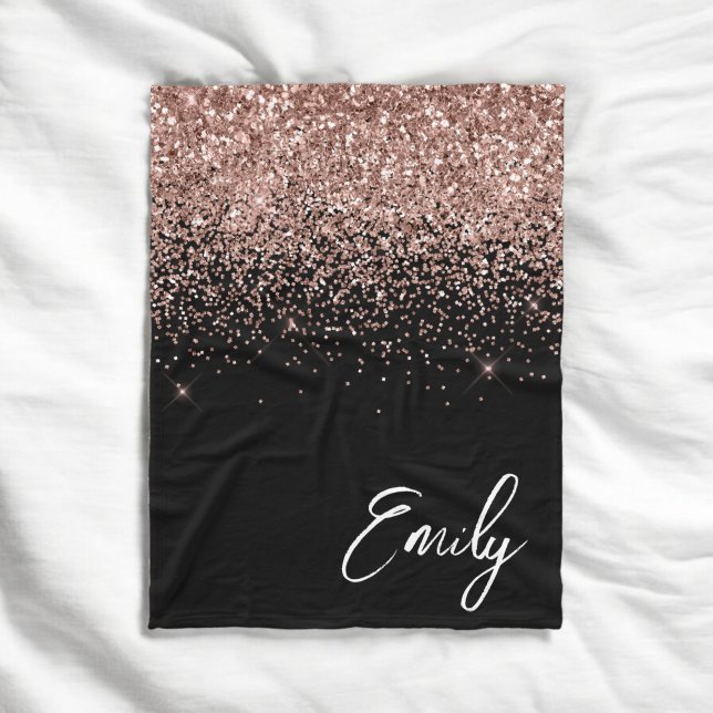 Girly Black Rose Gold Blush Pink Glitter Monogram Fleece Blanket (Creator Uploaded)