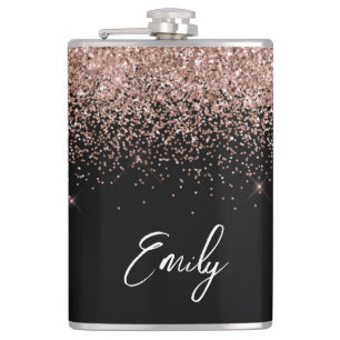 Girly Black Rose Gold Blush Pink Glitter Monogram Hip Flask
