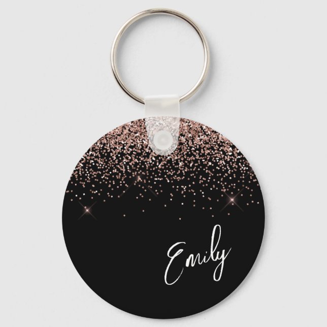 Girly Black Rose Gold Blush Pink Glitter Monogram Key Ring (Front)