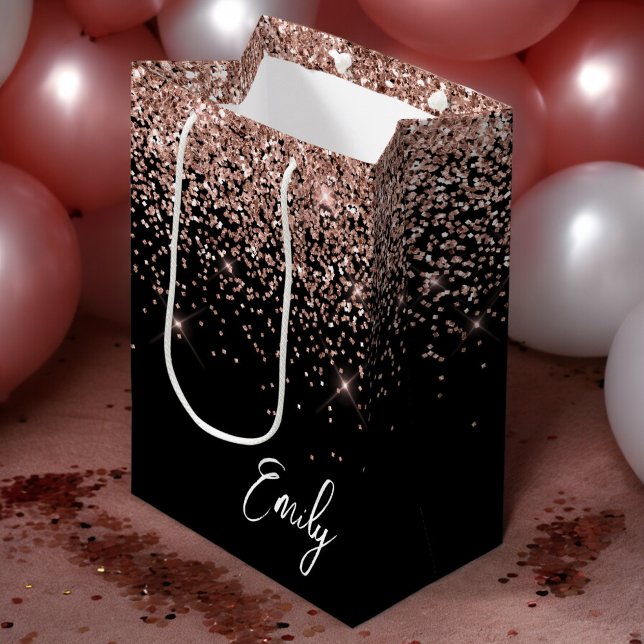 Girly Black Rose Gold Blush Pink Glitter Monogram Medium Gift Bag (Creator Uploaded)