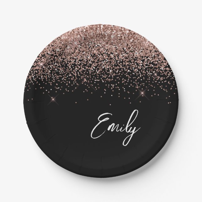 Girly Black Rose Gold Blush Pink Glitter Monogram Paper Plate (Front)