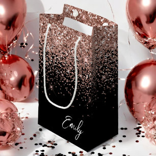 Girly Black Rose Gold Blush Pink Glitter Monogram Small Gift Bag