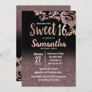 Girly Black Rose Gold Glitter Floral Sweet 16 Invitation