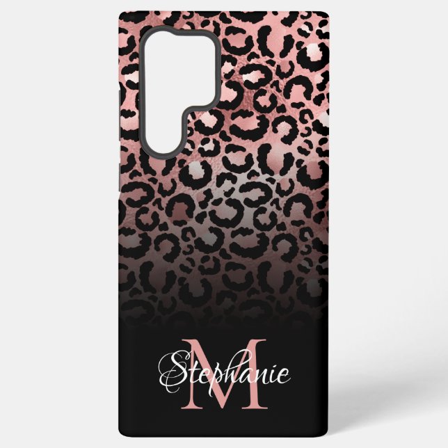 Girly Black Rose Gold Leopard Ombre Monogram Samsung Galaxy S22 Ultra Case (Back)