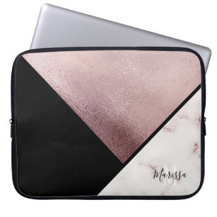 Girly Black & Rose Gold Marble Abstract Monogram Laptop Sleeve