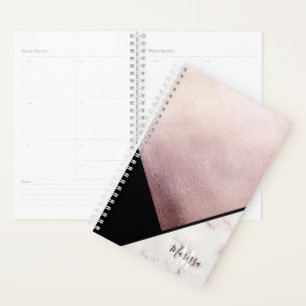 Girly Black & Rose Gold Marble Abstract Monogram Planner