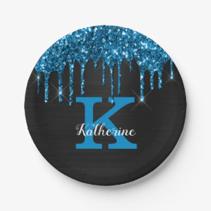 Girly Black Teal Blue Glitter Drips Monogram Name Paper Plate