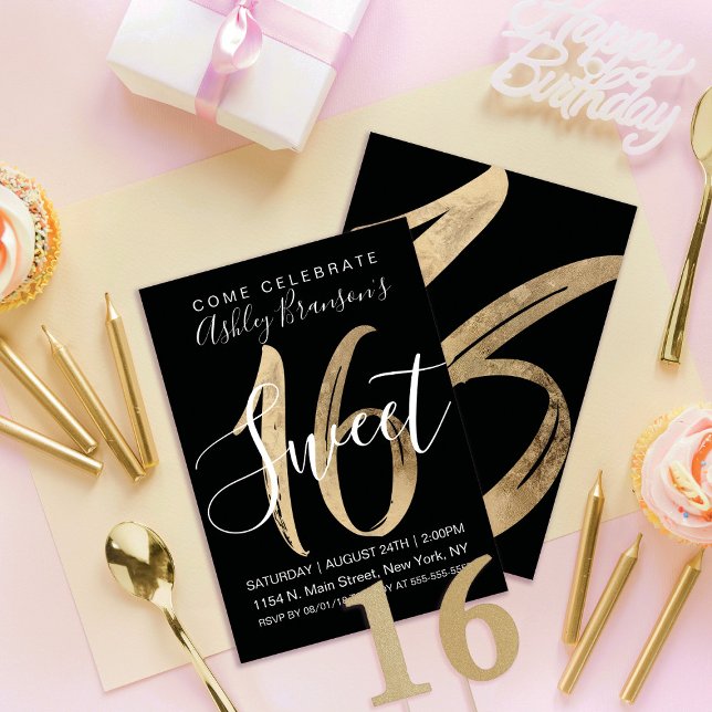Girly Black White Faux Gold Foil Sweet 16 Invitation (Creator Uploaded)