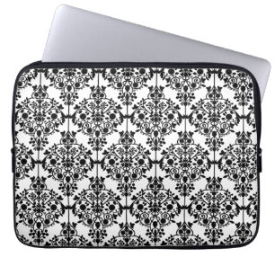 Girly Black WHite Floral Damask Pattern Laptop Sleeve