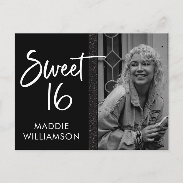 Girly Black & White Glitter Sweet 16 Birthday  Invitation Postcard (Front)
