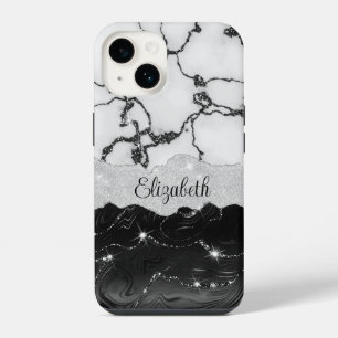 Girly Black White Marble Faux Glitter Monogram iPhone 14 Case