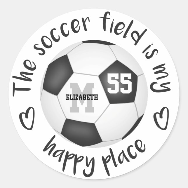 girly black white soccer field is my happy place classic round sticker (Front)