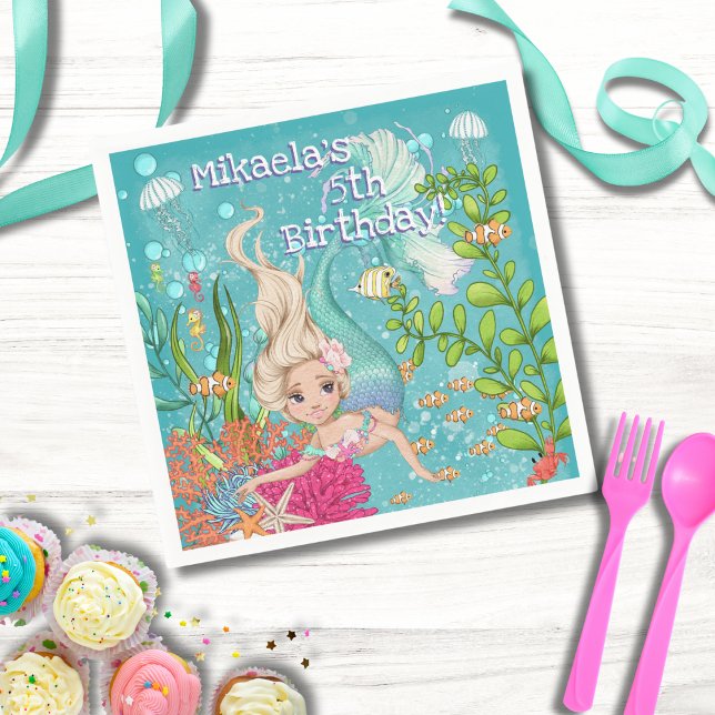 Girly Blonde Mermaid Under the Sea Birthday Napkin (Creator Uploaded)