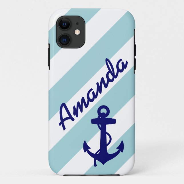 GIRLY BLUE ANCHOR BLUE STRIPES YOUR NAME Case-Mate iPhone CASE (Back)