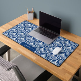 Girly blue and white damasks pattern monogram desk mat