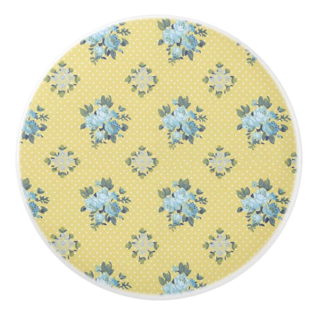 Girly Blue and Yellow Floral Ceramic Knob (Front)