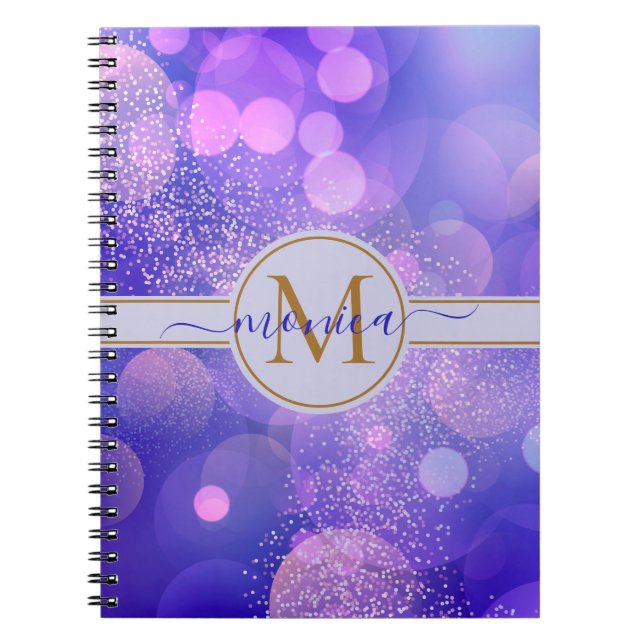 Girly Blue Bokeh Gold Glitter Monogram Name Notebook (Front)