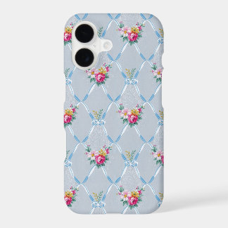 Girly Blue Bows Pretty Pink Rose Floral Pattern