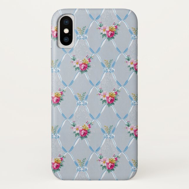 Girly Blue Bows Pretty Pink Rose Floral Pattern Case-Mate iPhone Case (Back)
