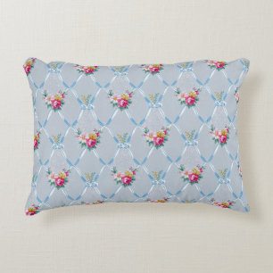 Girly Blue Bows Pretty Pink Rose Floral Pattern Decorative Cushion