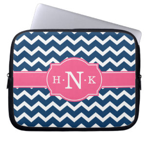 Girly Blue Chevron Pink Monogram Laptop Sleeve