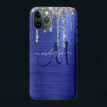 Girly Blue Dripping Glitter Brush Metal Monogram Case-Mate iPhone Case<br><div class="desc">Add a touch of glam to your cell phone with this elegant personalised phone case. This chic design template features a modern navy blue script monogram with a name in grey on a background of cobalt blue brushed metallic texture with a top border of faux silver dripping glitter. A unique...</div>