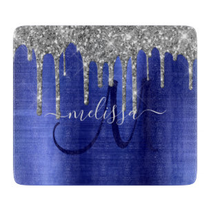 Girly Blue Dripping Glitter Brush Metal Monogram Cutting Board