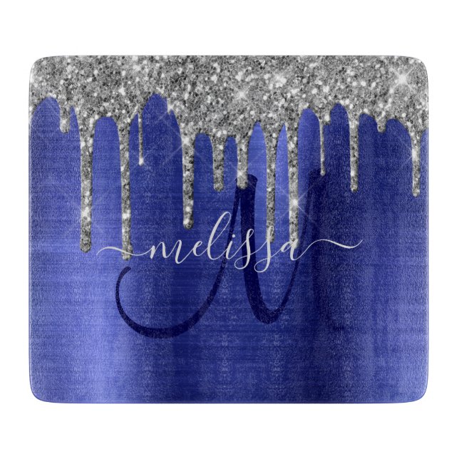 Girly Blue Dripping Glitter Brush Metal Monogram Cutting Board (Front)