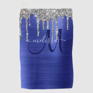 Girly Blue Dripping Glitter Brush Metal Monogram Golf Towel