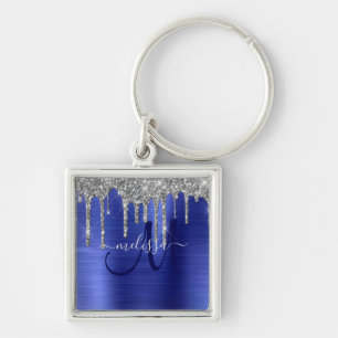 Girly Blue Dripping Glitter Brush Metal Monogram Key Ring