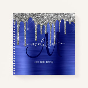 Girly Blue Dripping Glitter Brush Metal Monogram Notebook