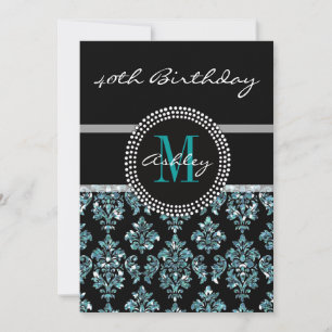 Girly Blue Glitter Black Damask 40th Birthday Invitation
