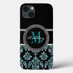Girly Blue Glitter Black Damask Personalised iPhone 13 Case