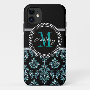 Girly Blue Glitter Black Damask Personalised Case-Mate iPhone Case