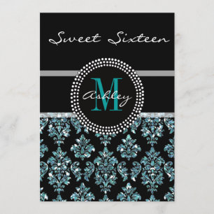Girly Blue Glitter Black Damask Personalised Party Invitation