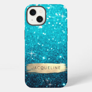 Girly Blue Glitter n Gold Brush Stroke Stars Name iPhone 13 Case