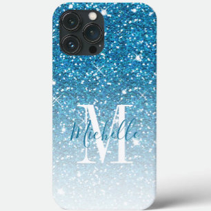 Girly Blue Glitter Sparkles Monogram Script Name Case-Mate iPhone Case