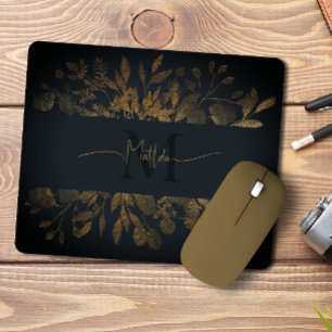 Girly Blue & gold glitter Vintage floral Monogram Mouse Pad