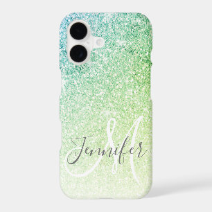Girly Blue Green Glitter Blush Monogram Name