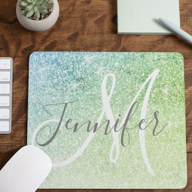Girly Blue Green Glitter Sparkles Monogram Name Mouse Pad (Creator Uploaded)