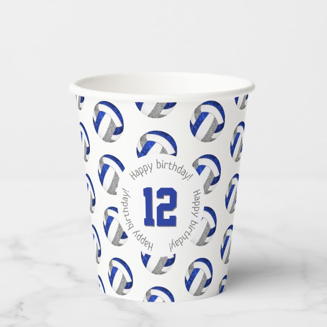 girly blue grey volleyballs birthday party paper cups (Front)