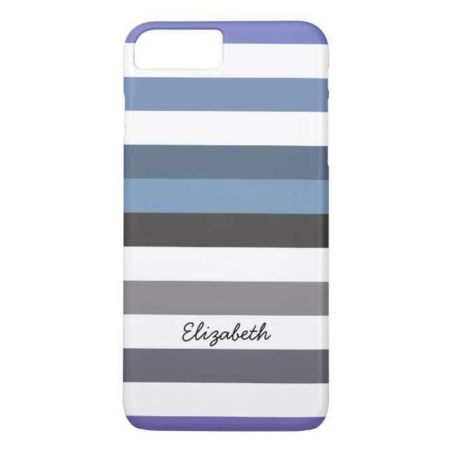 Girly Blue Grey Wide Horizontal Stripes With Name Case-Mate iPhone Case (Back)