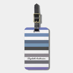 Girly Blue Grey Wide Horizontal Stripes With Name Luggage Tag