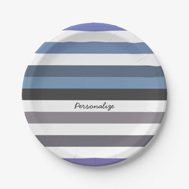 Girly Blue Grey Wide Horizontal Stripes With Name Paper Plate (Front)