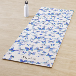 Girly Blue Pastel Butterflies Custom Name Yoga Mat