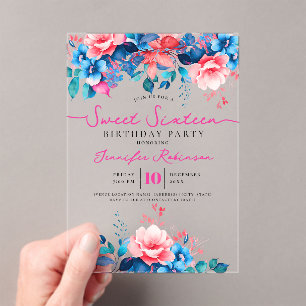 Girly Blue Pink Floral Sweet 16 Birthday Party Acrylic Invitations
