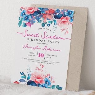 Girly Blue Pink Floral Sweet 16 Birthday Party Invitation